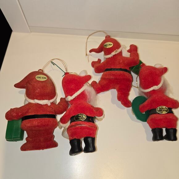 4 vintage flocked Christmas ornaments Santa and Elves - Picture 6 of 8